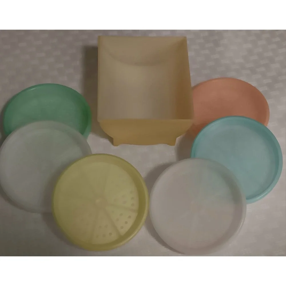 Vintage Tupperware Pastel Wagonwheel Coasters Set of 6 with Caddy/Holder